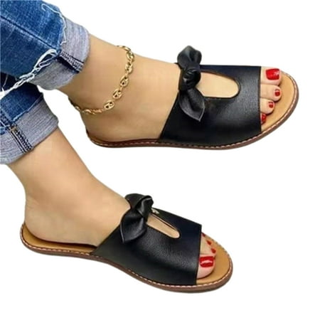 

Women Peep Toe Slippers PU Upper Casual Sandals Low Flat Heel Slide Shoes