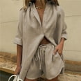 thumbnail image 2 of Linen Sets for Women 2 Piece Summer Tracksuit Outfits Button Down Shirts and High Waisted Drawstring Shorts Set, 2 of 4