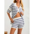 thumbnail image 6 of Musuos Women Summer Crochet Knit Pajamas Set Stripe Contrast Color Button Lapel Tops and Elastic Shorts 2 Pieces Loungewear Suits, 6 of 10
