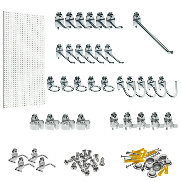 24 In. W x 48 In. H x 1/4 In. D White Heavy-Duty HDF Round Hole Pegboards with 36 pc. Locking Hook Assortment