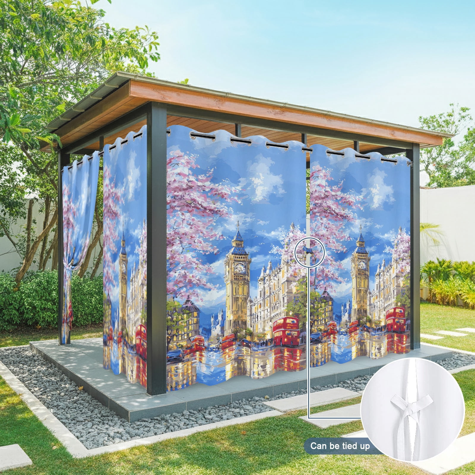 Big Ben Outdoor Curtains for Patio, Spring Cherry Blossoms Red Bus Impressionist Sunshade Privacy Drapes Grommet Waterproof Outside Curtains for Porch/Cabana/Balcony 54"x 108", 1 Panel