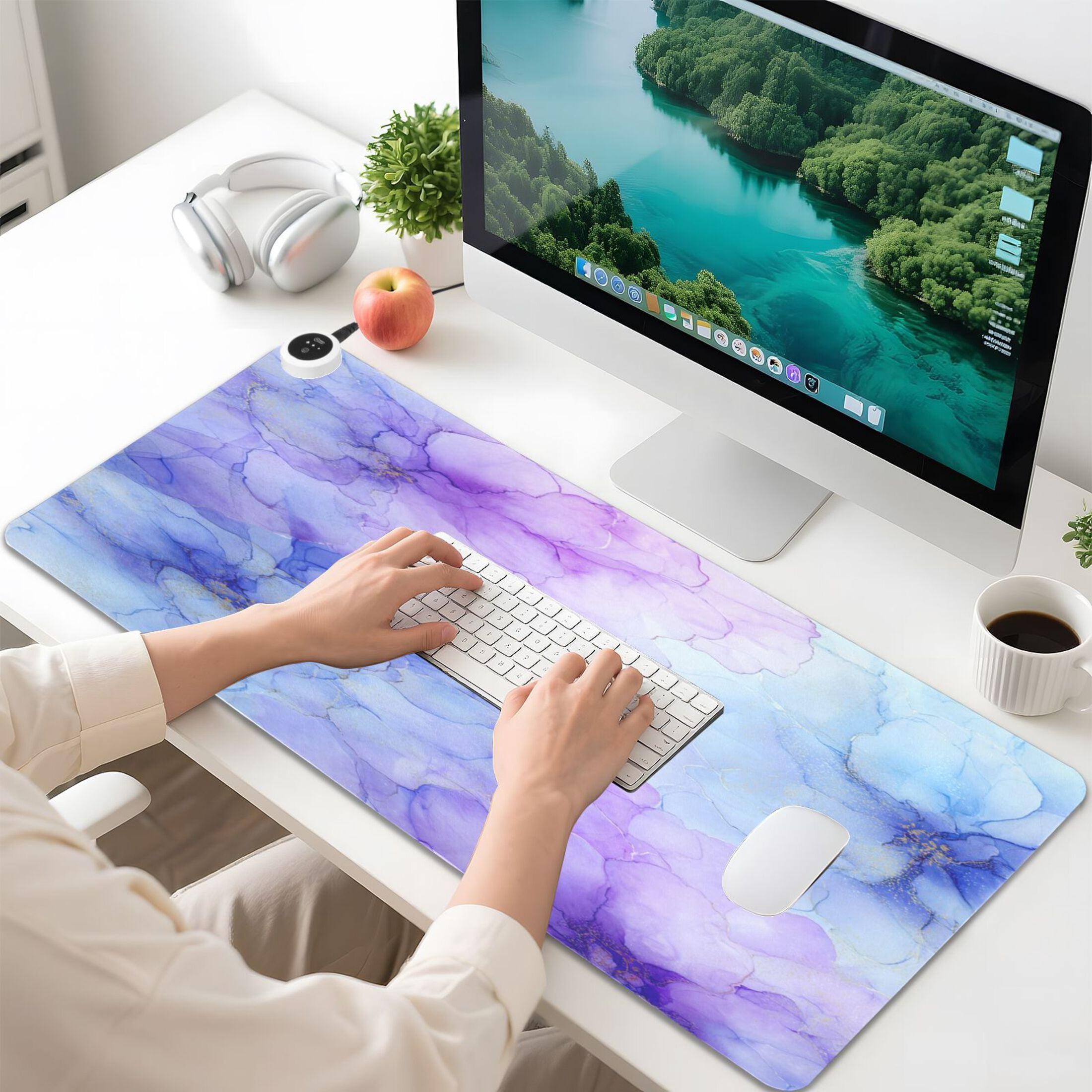 Large Heated Desk Mat Mouse Pad 31.5"x13"PU Leather Graphene Heating Desk Warmer with 3 Temperature Settings 110V US Plug Non-Slip Warm Pad for Home, Office, and Gaming Translucent Floral Ink Design