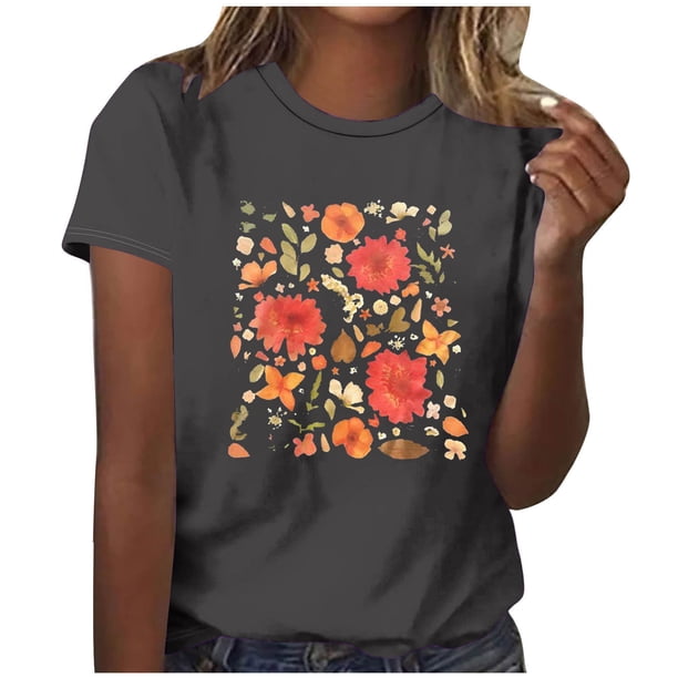 Tops Cortos para las Mujeres Blusas Impresas Manga Corta Cuello Redondo, Tops de Blusa para las Mujeres Primavera Verano Casual