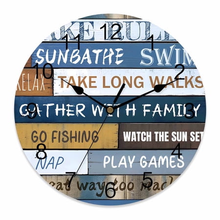 Wall Clock 14 inch Funny Family Rules Educational Battery Operated Clocks Silent Non-Ticking Wallclock Rustic Wood Round Decorative Wall Clocks for Home Office School