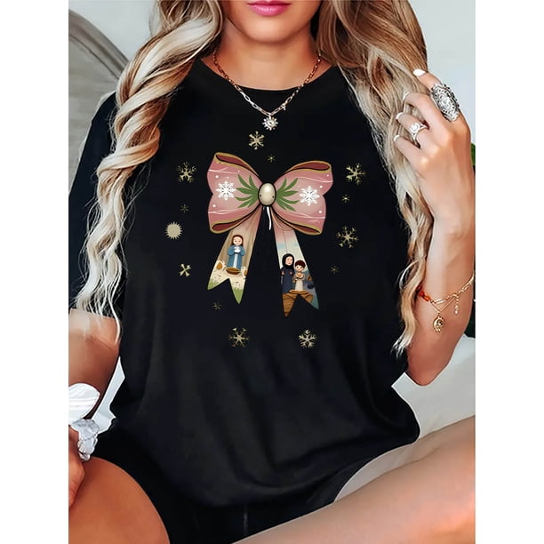 Creative Bow Pattern Printed Women'S Trendy Round Neck Short Sleeve, Simple Casual Sports T-Shirt, Comfortable Summer Top for Holidays.