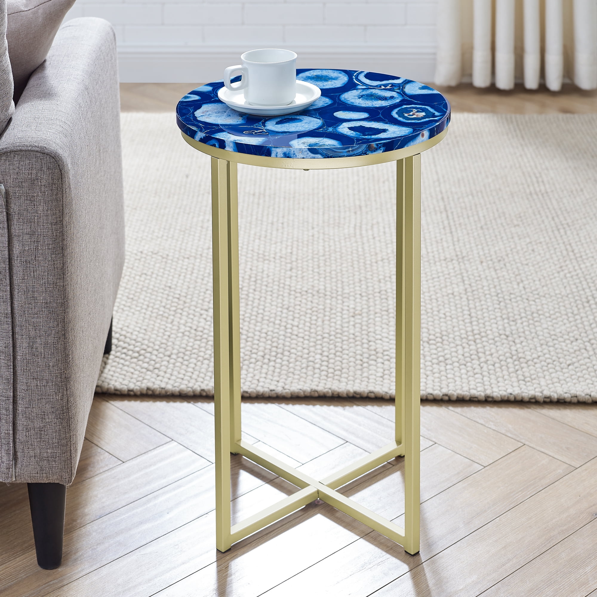 Manor Park Faux Agate Modern Glam Round End Table, Blue