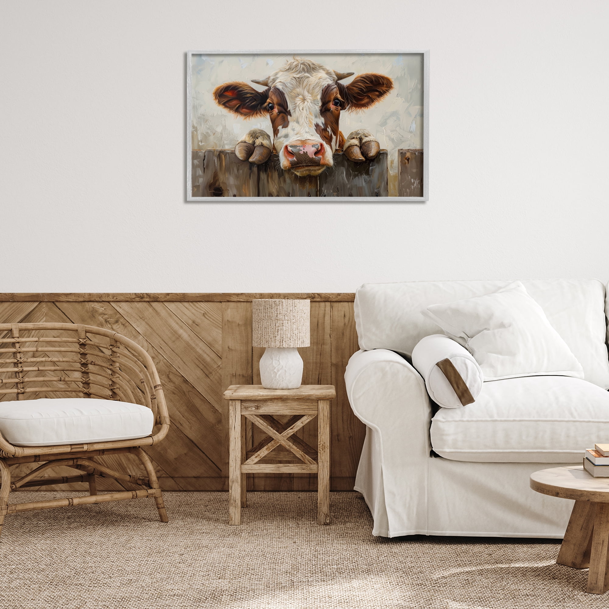 Stupell Industries Cow On Fence Animals & Insects Painting Gray Framed Art Print Wall Art, 30 x 20