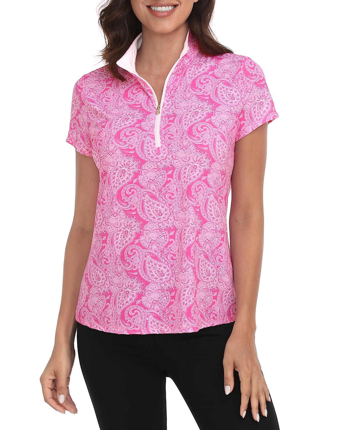 LRD Women's Short Sleeve Golf Polo Shirts UPF 30 Pink Paisley / White