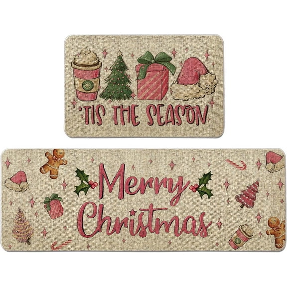 Christmas Kitchen Rug Tis The Season Kitchen Mat Set of 2 Xmas Winter Farmhouse Party Floor Mat for Home Kitchen Bathroom Pink Christmas Decorations - 17x27 and 17x47 Inch