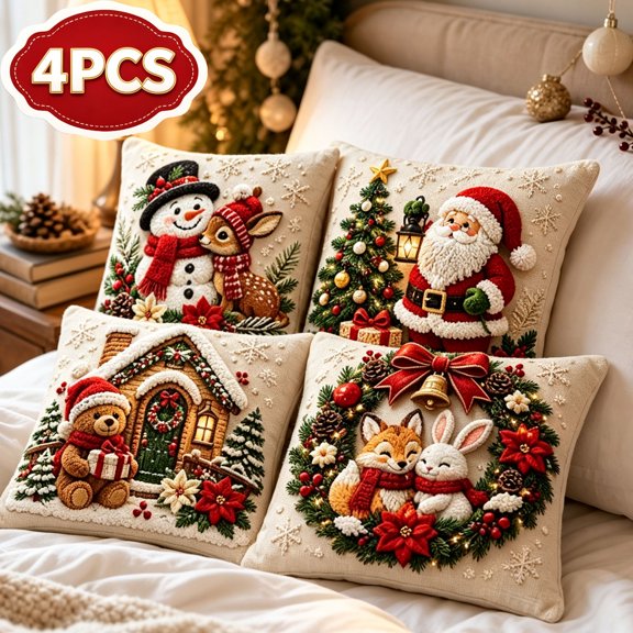 Christmas Throw Pillow Covers 18x18 Inch Set of 4 for Winter Holiday Sofa Couch Decoration, A