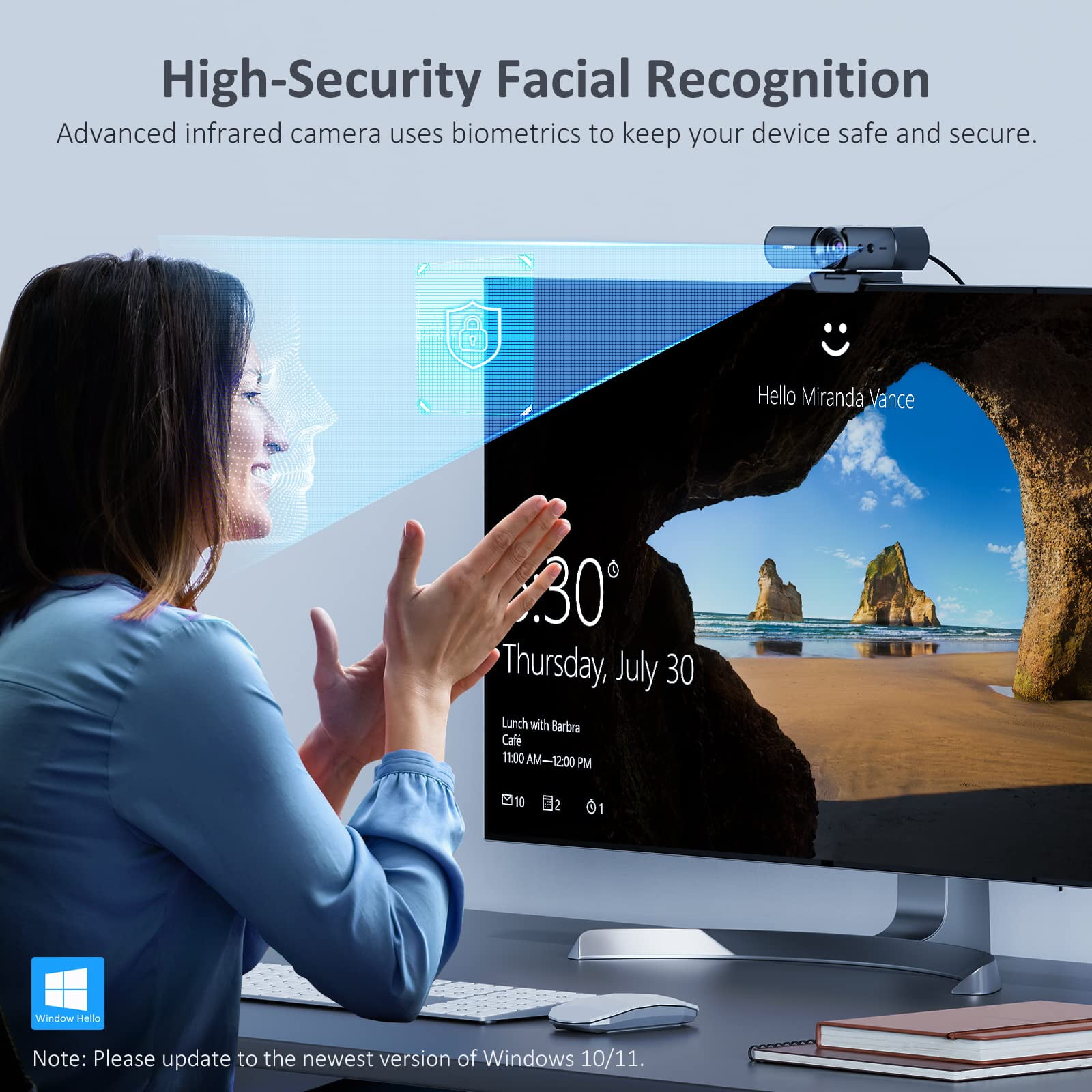 NexiGo HelloCam, 1080P Webcam with Windows Hello,, Automatic Electronic Shutter, Microphone, Facial Enhancement, HD USB Web Cam