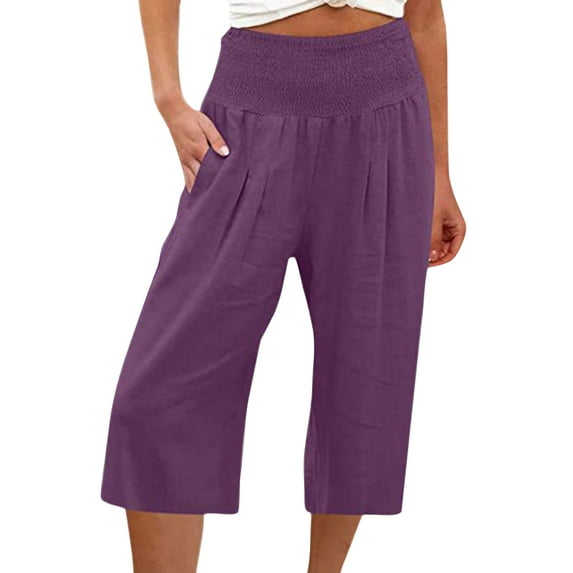 Capreze Capri Pants for Womens Loose Capris Palazzo Wide Leg Pant Summer Casual Solid Color Baggy Crop Trousers Purple S