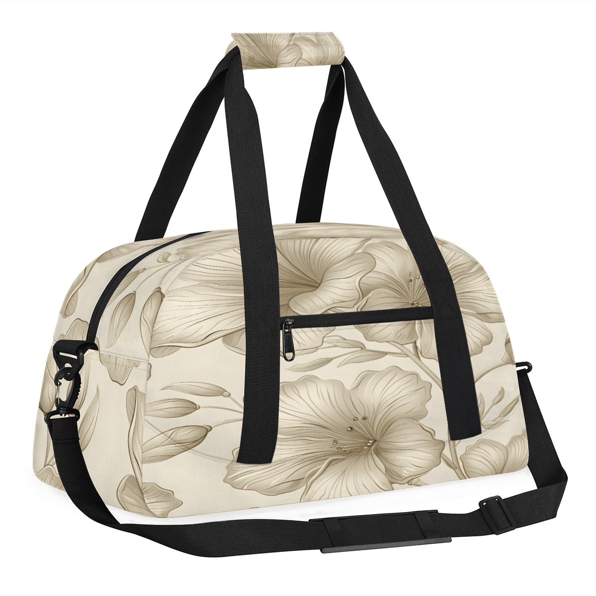 Herdesigns Beige Flower Sports Duffle Bag for Women & Men, Modern Floral Gym Bag Dance Bag Overnight Bag Carry On Weekender Travel Bag