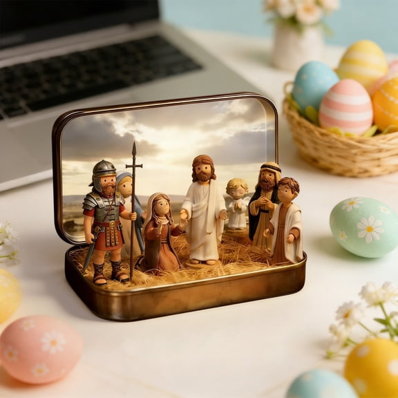 Coollooc Mini Nativity Set in a Tin Box, Handcrafted Pocket Size Nativity Scene Gift Tin, Resin Nativity Sets & Figures, Easter Decoration Indoor for Home Gifts Decor