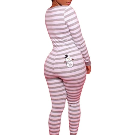 

Women One Piece Pajamas Casual Slim Jumpsuit Button Neck Long Sleeve Stripe One Piece Leotard Sleepwear Clubwear
