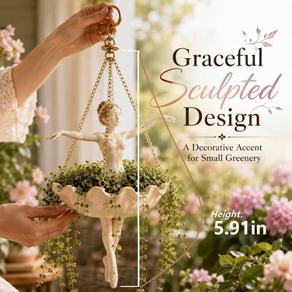 Ballerina Hanging Flower Pot, Whimsical Dancer Design with Sculpted Pose, Decorative Hanging Garden Container for Flowers, Vines, Herbs, Patio, Balcony, Porch, Living Room, Garden Decor, 5.91in