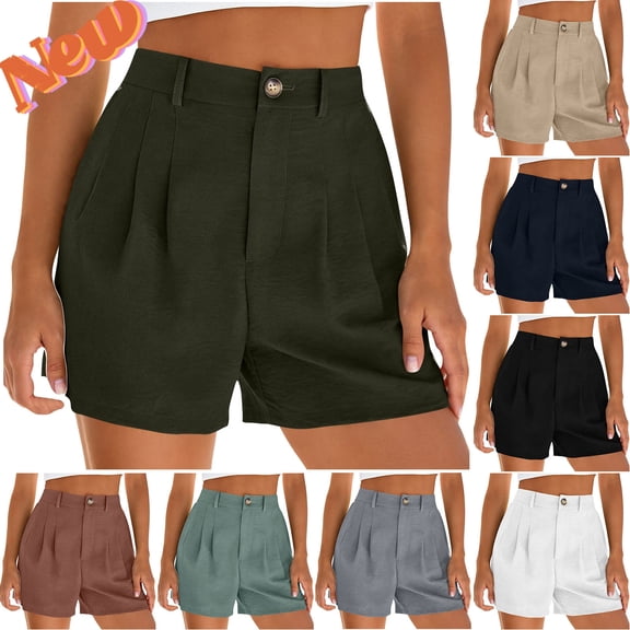 Taqqpue Women's Linen Shorts Solid Color Cargo Elastic Drawstring Shorts Casual Loose Wide Leg Shorts with Pockets
