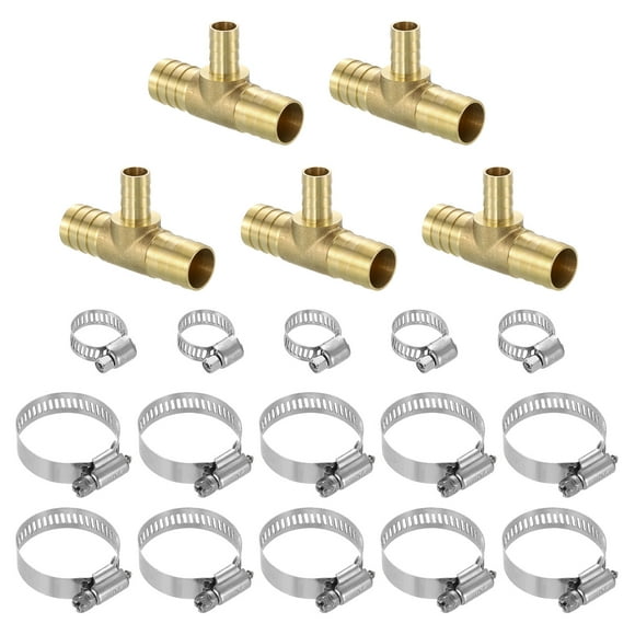 5pack Brass Hose Barb Fittings, 3-Way Tee 3/4" Barbed x 1/2" Barbed x 3/4" Barbed, with 15pack Hose Clamps