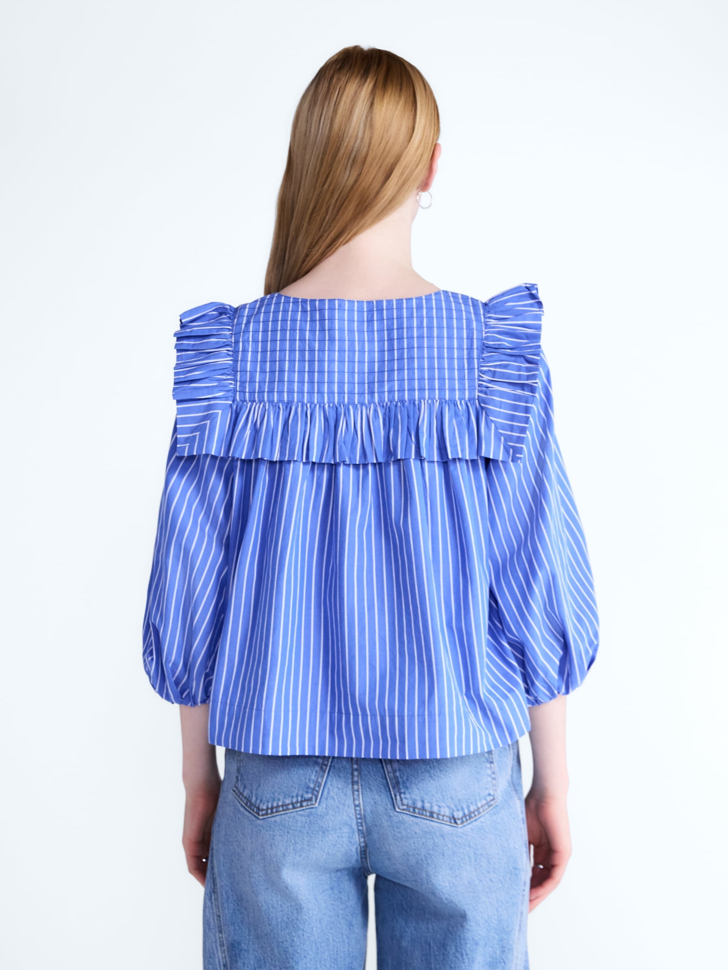 Free Assembly Women's and Women's Plus Ruffle Yoke Cotton Top with Puff Sleeves, Sizes XS-4X