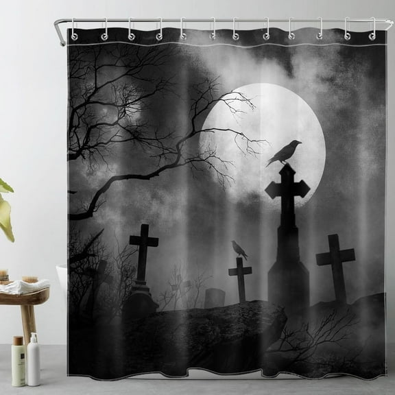 Scary Halloween Shower Curtain for Bathroom,Horror Graveyard with Crow Dead Tree Moon Fabric Shower Curtain with Hooks,Grey and Black Bathroom Curtain Shower Set, 72x72 inches