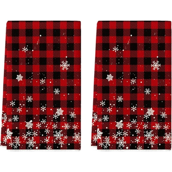 Red Buffalo Plaid Snowflakes Christmas Kitchen Towels Dish Towels, 16x24 Inch Farmhouse Holiday Winter Decoration Cleaning Set of 2