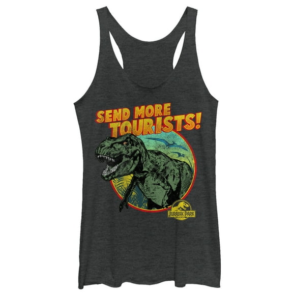 Women's Jurassic Park Vintage Send More Tourists Racerback Tank Top Black Heather Small