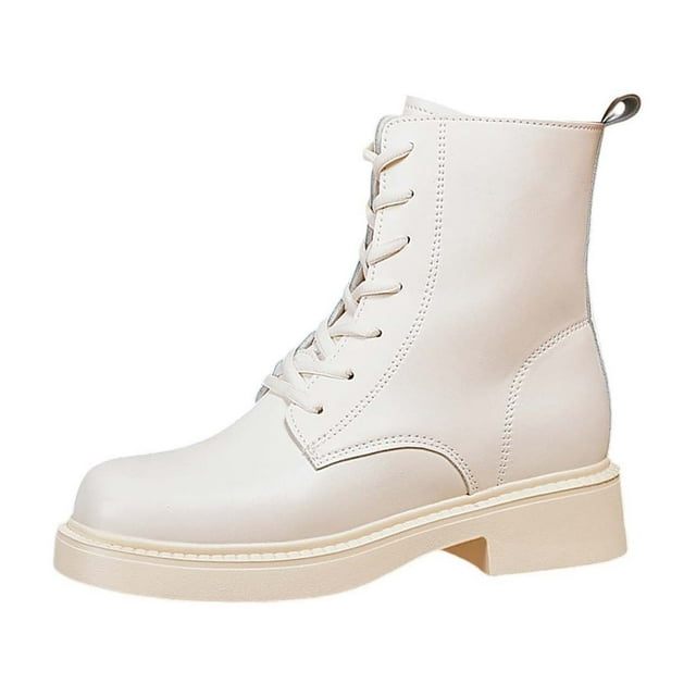 LOVZFMLL Bottes pour Femmes Mi-Mollet Bottes de Combat à Lacets Bout Rond Sangles Ajustables Talon Bas Épais Style Français Automne Hiver
