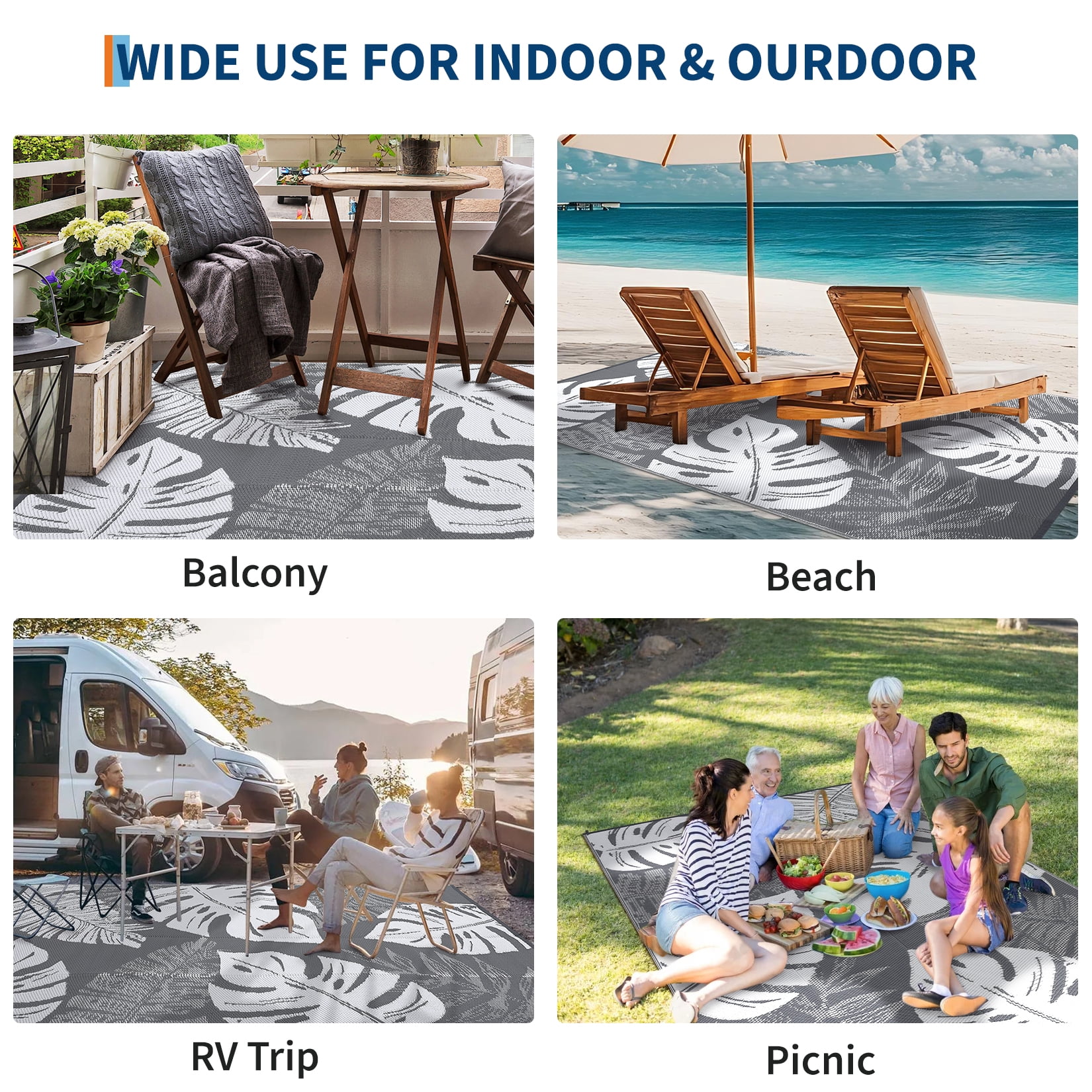 Tzou Waterproof Reversible Outdoor Rug 8 x 10ft Tropical Palm Design, Portable Camping Mat w/Carry Bag & Stakes