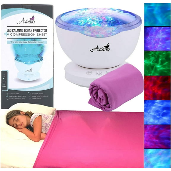 Wave Light Projector for Autism Sensory Toys Bundle with Blue Compression Sensory Blanket Features 7 Sensory Lights, 6 Relaxing Sounds with AUX Cable LED Color Stimulation for Autism Gifts