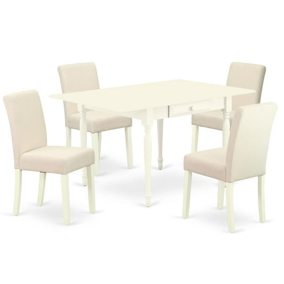 East West Furniture 1MZAB5-LWH-02 5Pc Kitchen Set Consists of a Modern Dining Table and 4 Parson Chairs with Light Beige Color Linen Fabric, Drop Leaf Table with Full Back Chairs, Linen White Finish