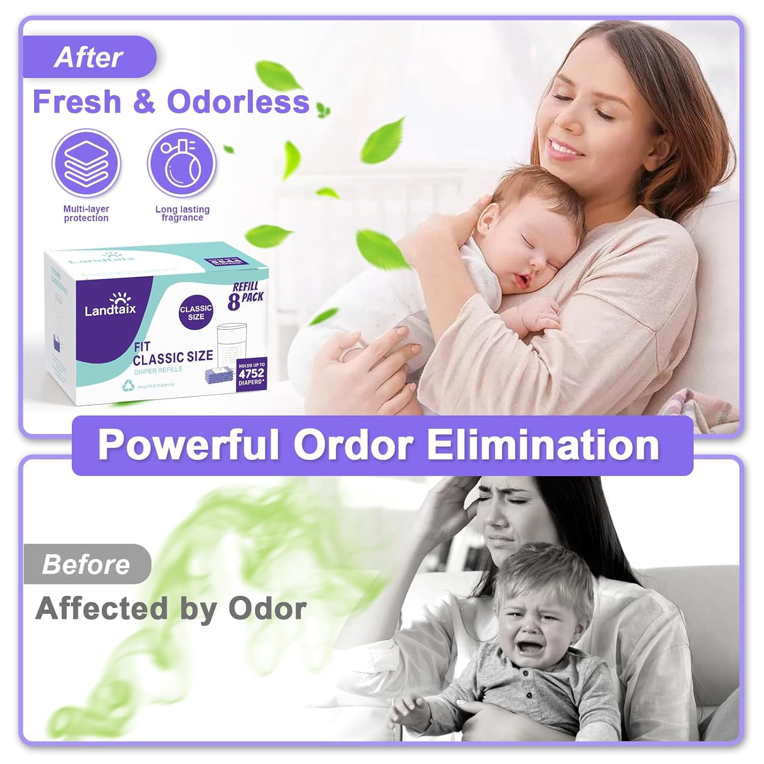 Refills Compatible with Dekor Classic Diaper Pail Refills | 8 Count for 4752 Diapers(Extra 20% Lengths) Diaper Pail Bags with Extra 30% Thickness Powerful Odor Eliminate Lavender Scent for Baby/Adult