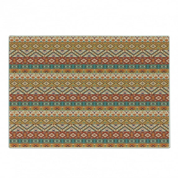 Aztec Cutting Board, Native Folk Pattern Funky Earth Tones Ornamental Culture Pattern, Decorative Tempered Glass Cutting and Serving Board, Small Size, Multicolor, by Ambesonne