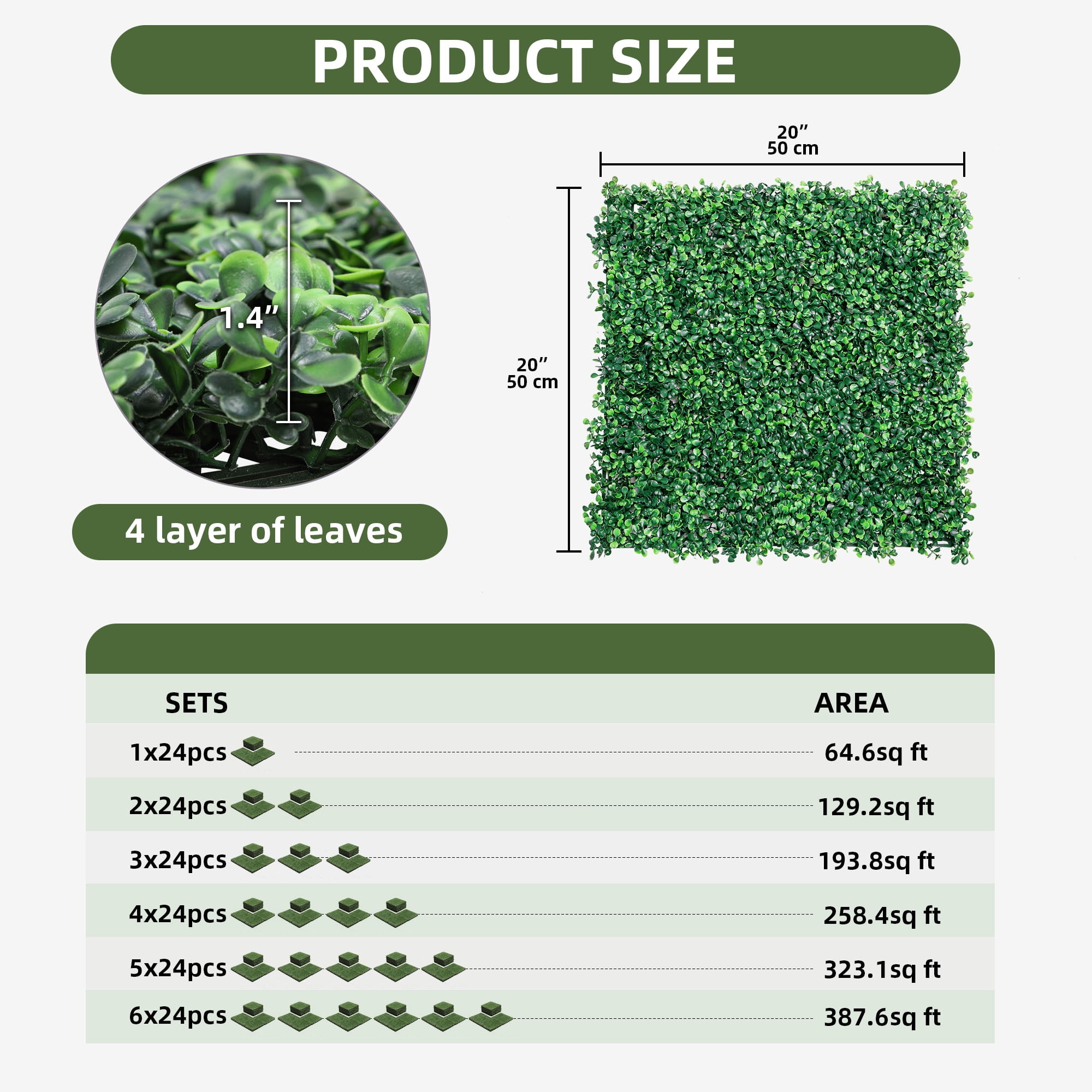 Uforic 24 Pcs 20"x20" Artificial Grass Wall Panels UV-Resistant Indoor/Outdoor Privacy Hedge Green
