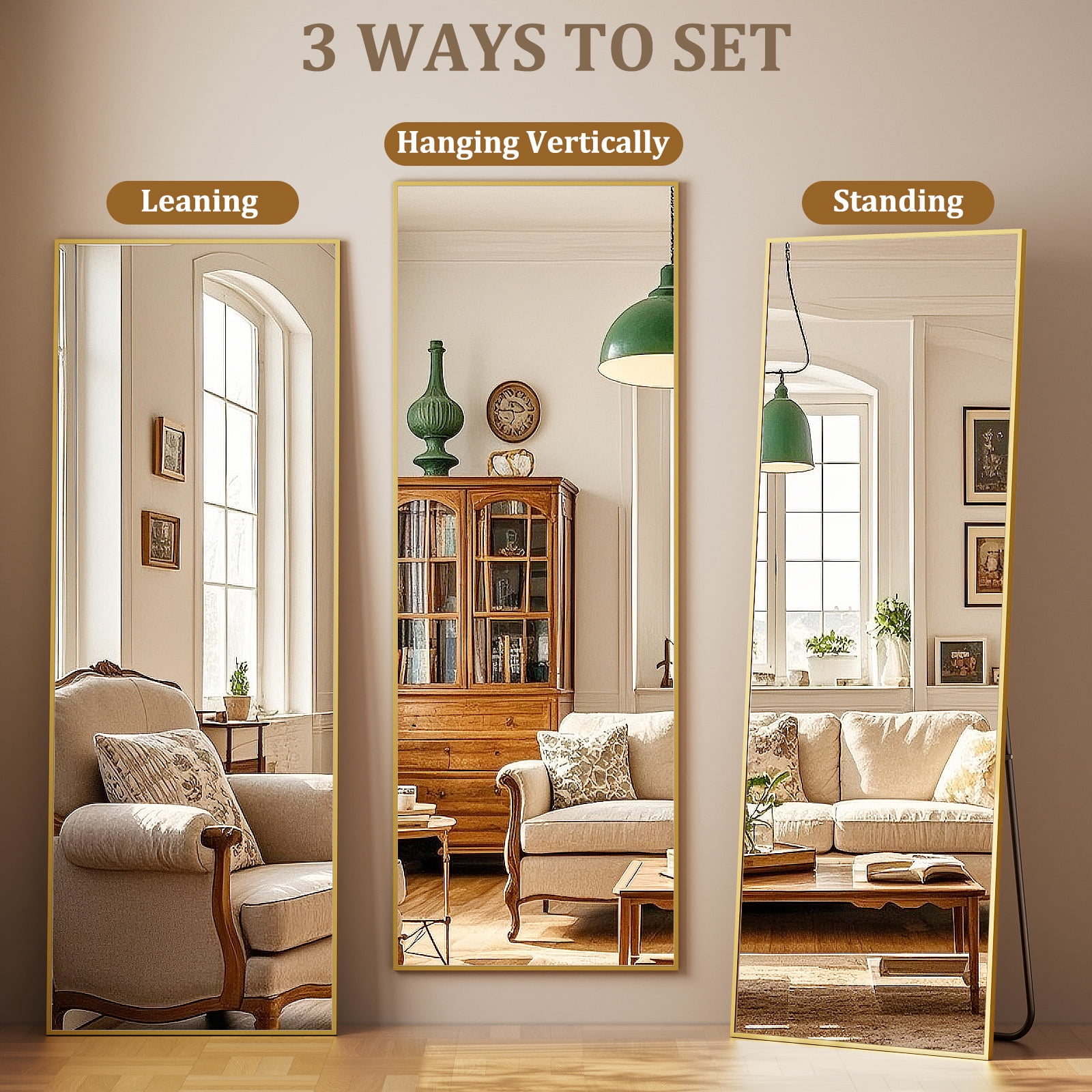 AUROMIR 24"x65" Rectangular Full Length Mirror Floor Mirror Full Body Standing Mirror, Gold
