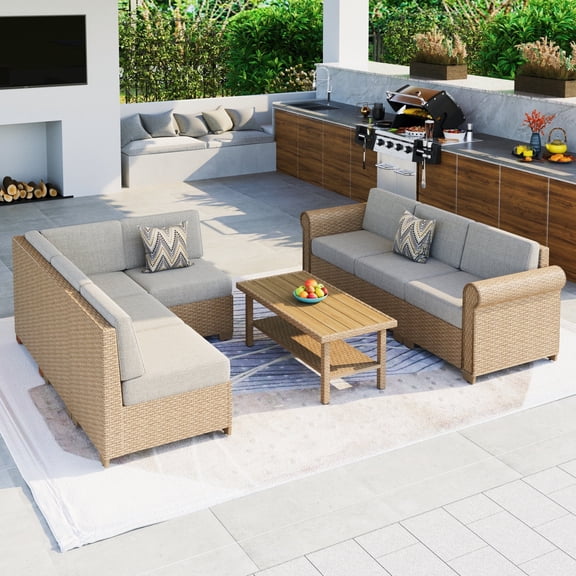 SUMMIT LIVING 8-Piece Wicker Outdoor Patio Furniture Set, 7-Seat Rattan Outdoor Patio Sectional Conversation Set with Double-Shelving Faux Wood Coffee Table, Beige