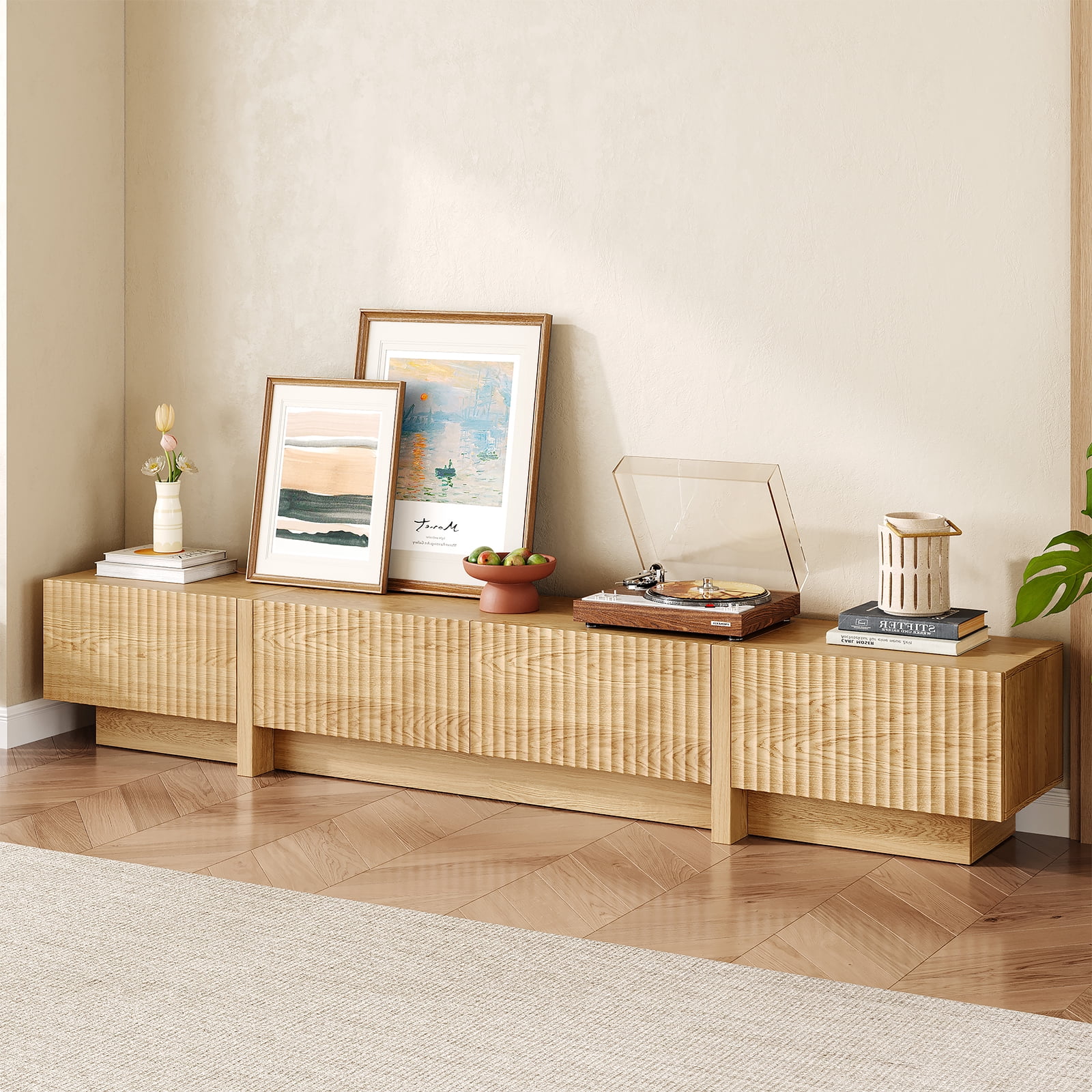 98" Natural Modern TV Stand, Large Entertainment Center with Drawers & Storage Compartments, Fits 55"-95" TVs for Living Room