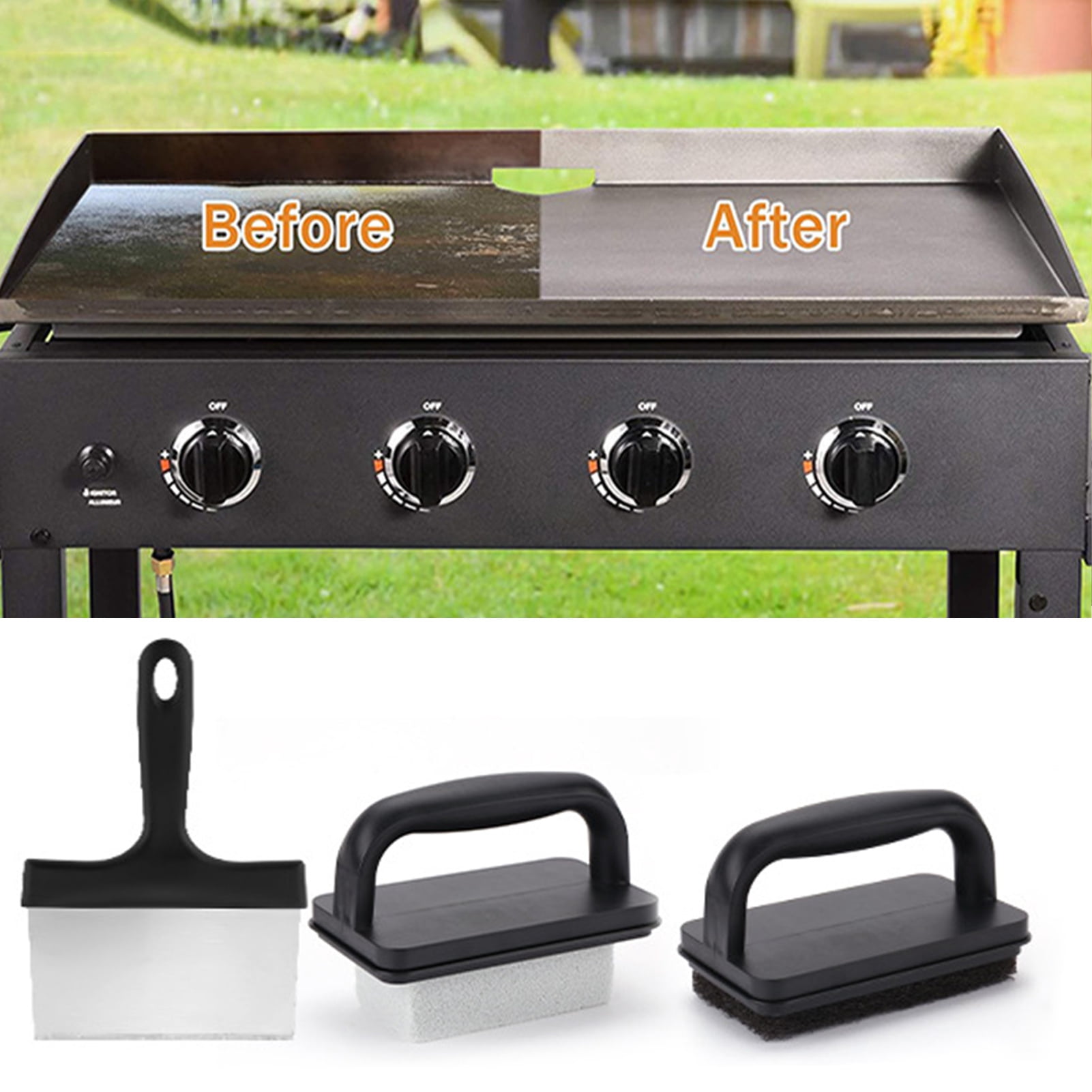 Opvise 1 Set BBQ Griddle Cleaning Tool Kit with Handle Scraper Scouring Pad Pumice Stone Brush Multifunctional Barbecue Flat Top Grill Cleaner Kit Sets