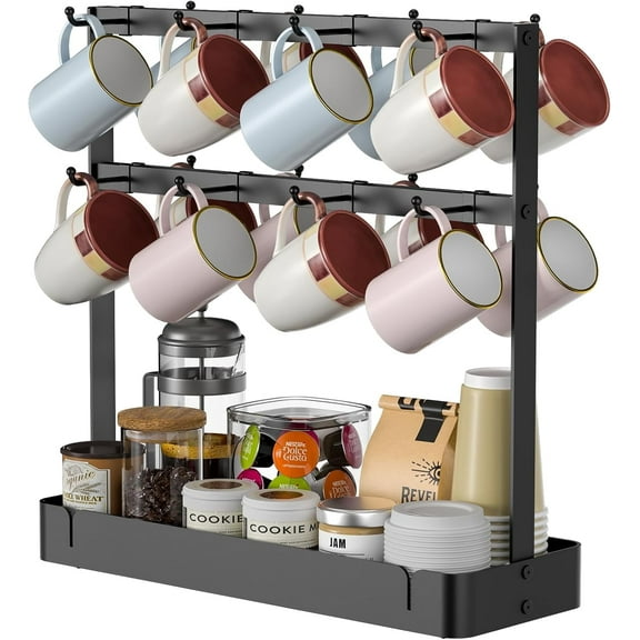 MUSICOZY Coffee Cup Holder, Aluminum Alloy Mug Holder Organizer with 16 Movable Hooks, 2 Tier Mug Rack Tree Stand Rack with Storage Basket for Kitchen Office Coffee Mug Rack,Sugar Bags,Paper Cups