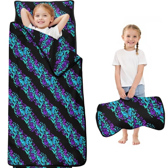 Butterfly and Teal Purple Pattern Teens Toddler Nap Mat with Pillow, Sleeping Mat Bag for Preschool Daycare 59"x22"