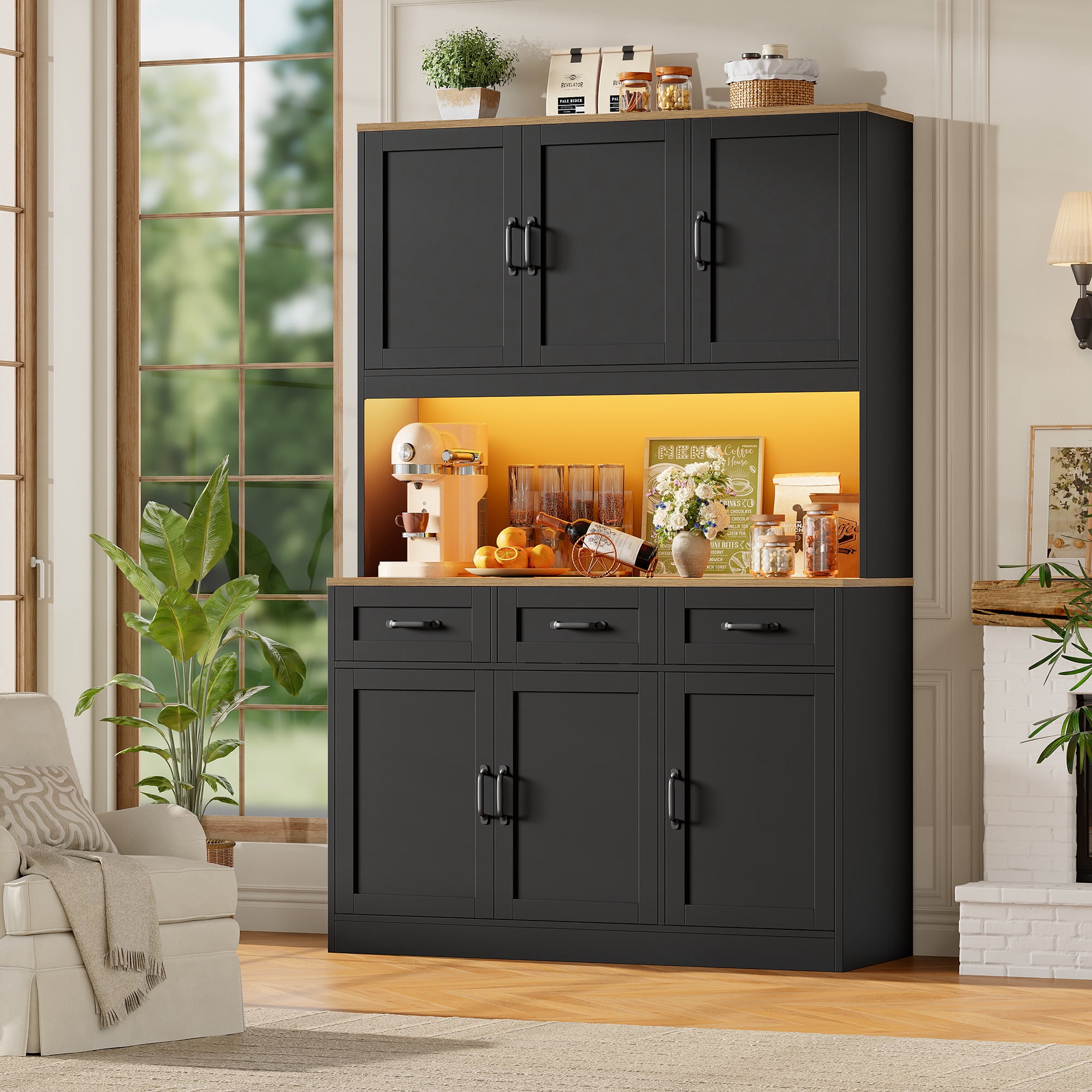Hiphuta 72" Tall Kitchen Pantry Storgae Cabinet with RGB LED, Hutch Cabinet with Charging Station and Adjustable Shelves for Dining Room, Black & Oak