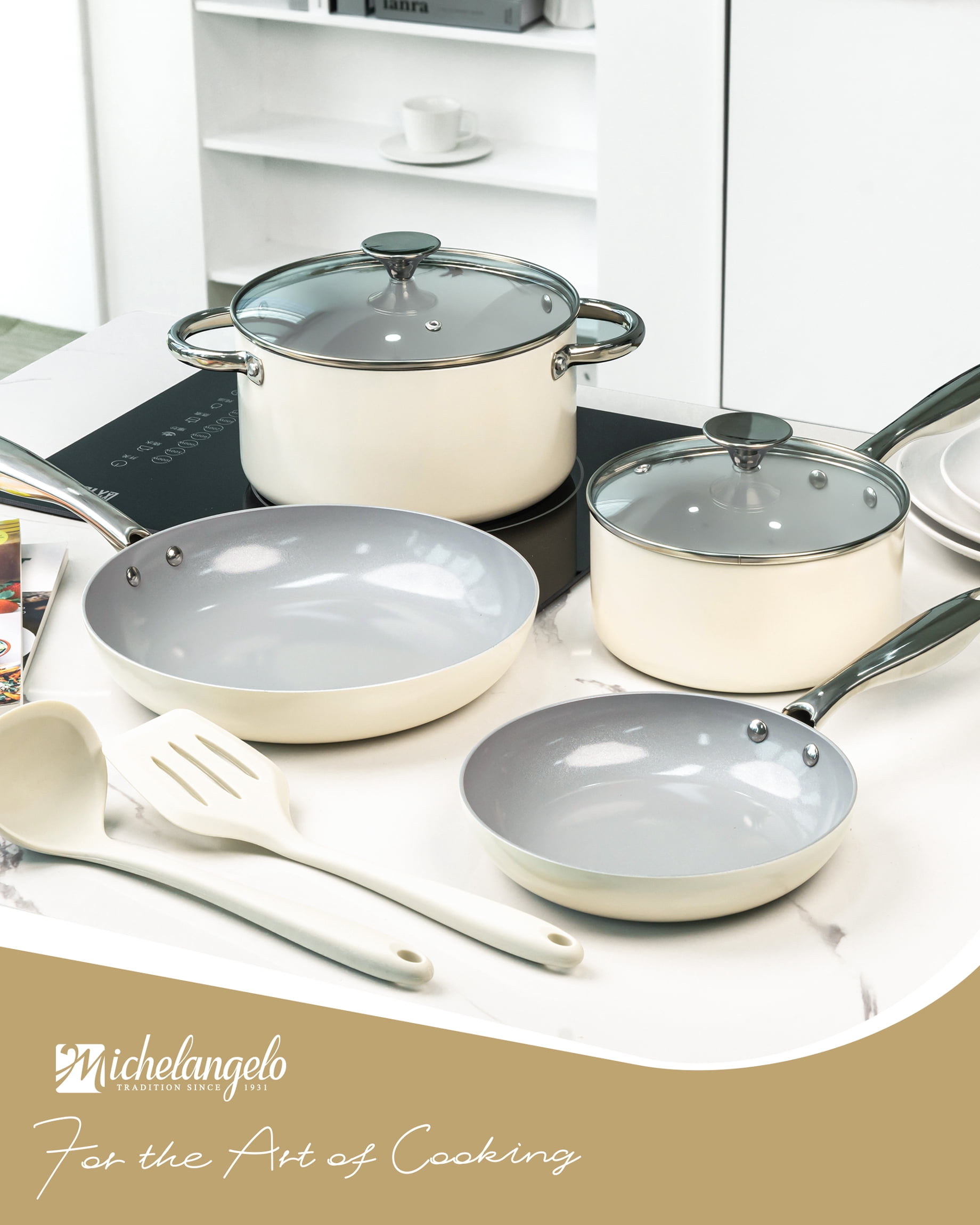 8-Pcs Nonstick Pots and Pans with Lid, Cookware Set, Cream