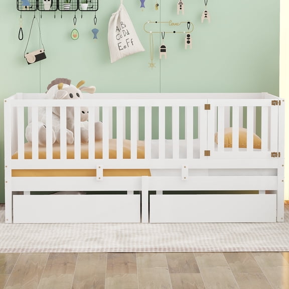 Twin Size Wood Daybed with Fence Guardrails and 2 Drawers, Converts into Independent Floor Bed & Daybed, Solid Pine Frame, Storage Daybed for Bedroom, Guest Room, Living Room, White