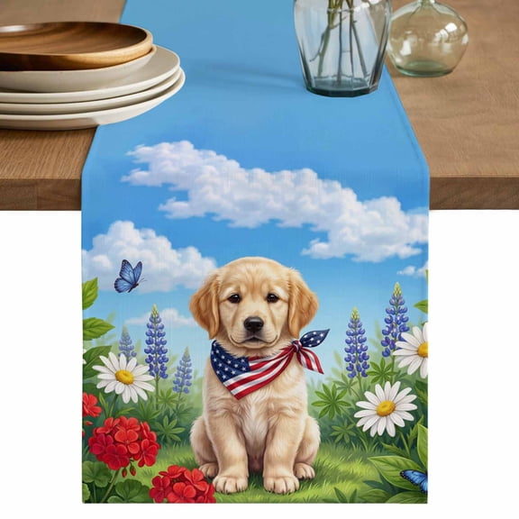 Independence Day Dog Table Runner 72 Inches, 4th of July USA Flag Floral Bed Runner Dresser Scarves Tabletop for Indoor Outdoor Parties/Ceremony/Banquet, 13" x 72"