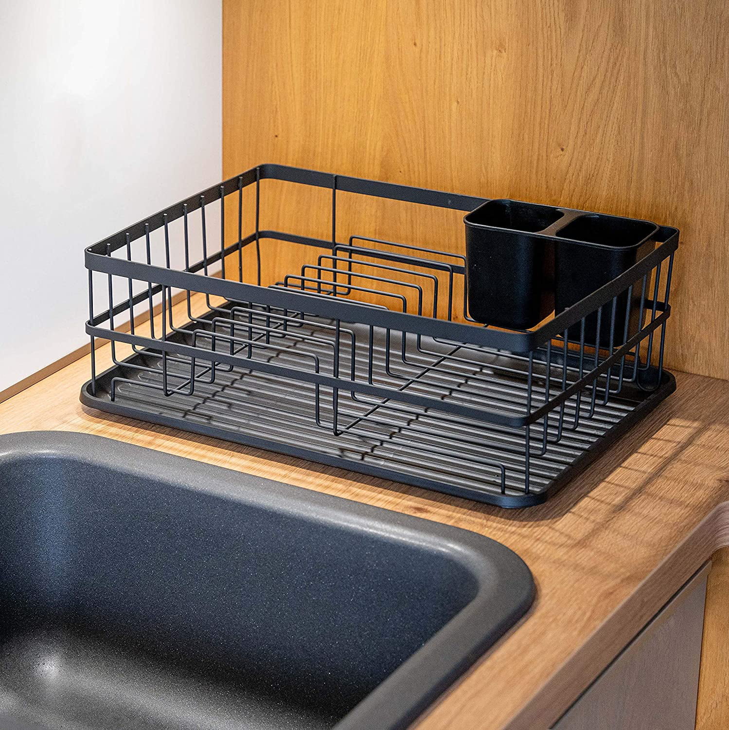 Matte Black Metal Dish Rack (42 X 31.5 X 15.5Cm) - Over Sink Dish Rack With  Cutlery Holder And Plastic Drip Tray For Storage 
