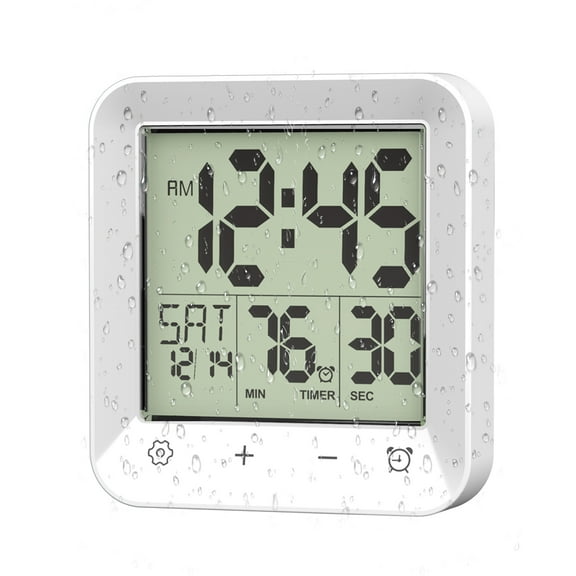 Digital Waterproof Bathroom Shower Clock, Kitchen Wall Timer with Temperature, White
