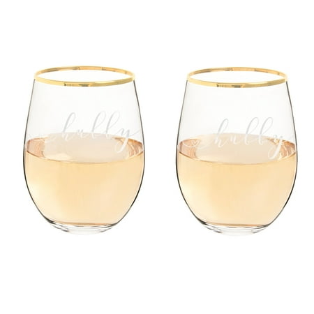 Hubby & Hubby 19.25 oz. Gold Rim Stemless Wine Glasses