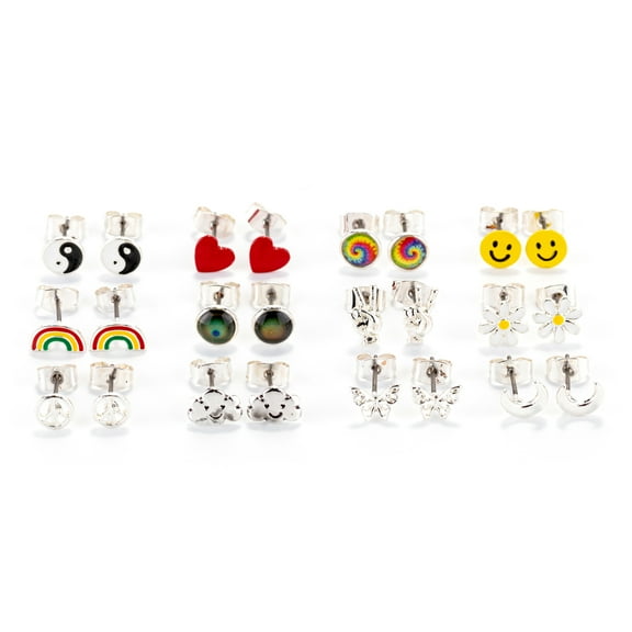 Claire's Adult Women's Silver 90s Motifs Stud Earrings Set, No Gemstone, 12 Pack, 73212