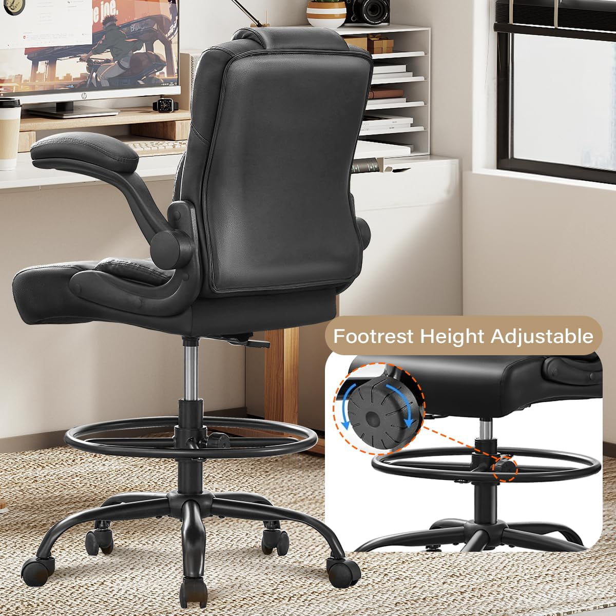 JONPONY 500 lbs Tall Office Chair with Flip-up Armrests for Standing Desk Executive Ergonomic Computer Leather Desk Chair with Lumbar Support, Adjustable Foot Ring for Home,Black