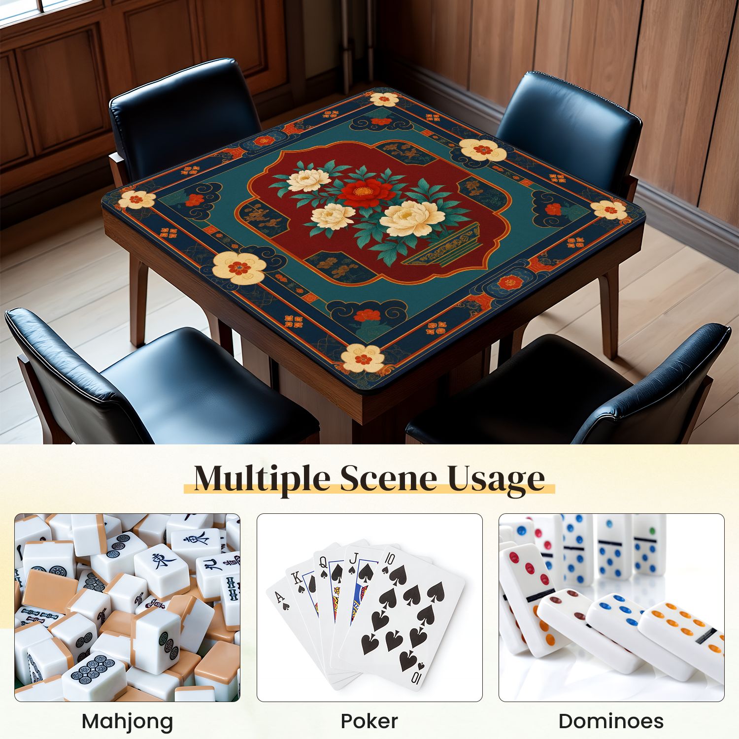 Mahjong Mat 31.5" x 31.5" Traditional Floral Anti-Slip and Noise Reduction Symmetry Design Mahjong Tiles Table Cover for Dominoes Poker Card Board and Tile Games