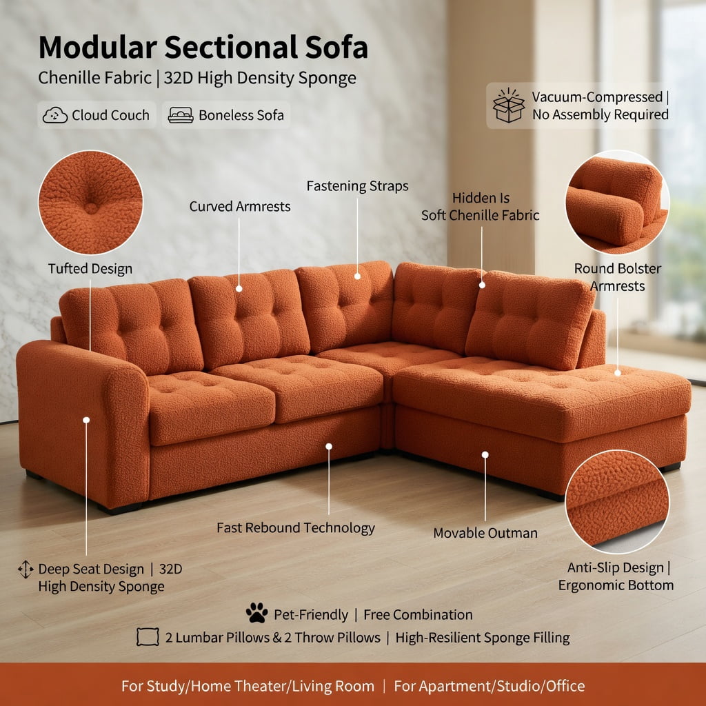 Hommoo Teddy Fleece 2-Seat Modular Sofa Set in Vibrant, Cloud-Like Double-Layer Cushions, Curved Backrest & Armrests, Includes 2 Movable Ottomans & Lumbar Pillows, Orange